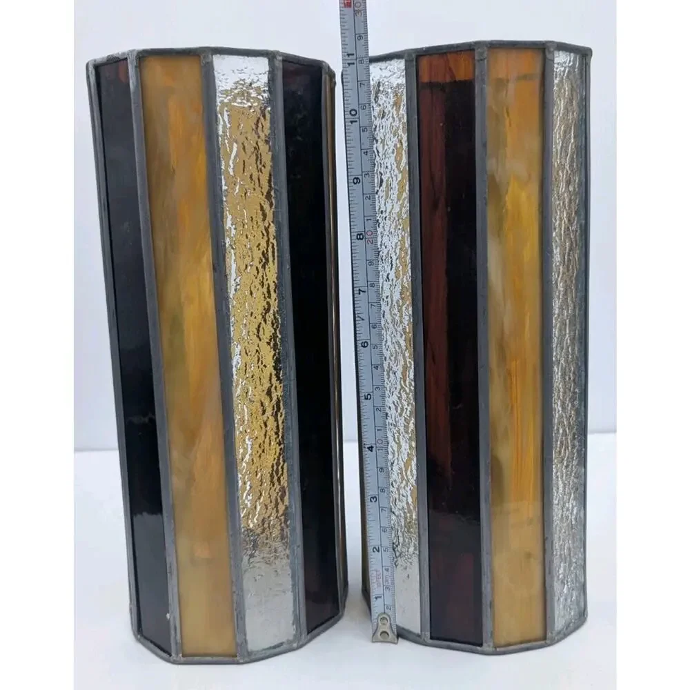 Vintage Stained Glass Tall Cylinder Swag Lamp Shades Lot of 2 Striped